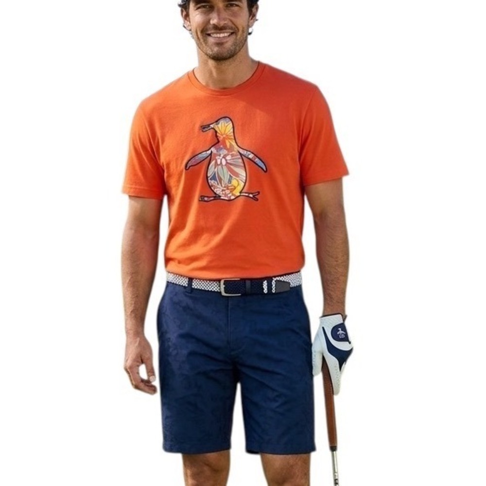 Original Penguin Mens Orange Floral Graphic Logo T-Shirt Large Short Sleeve Tee
